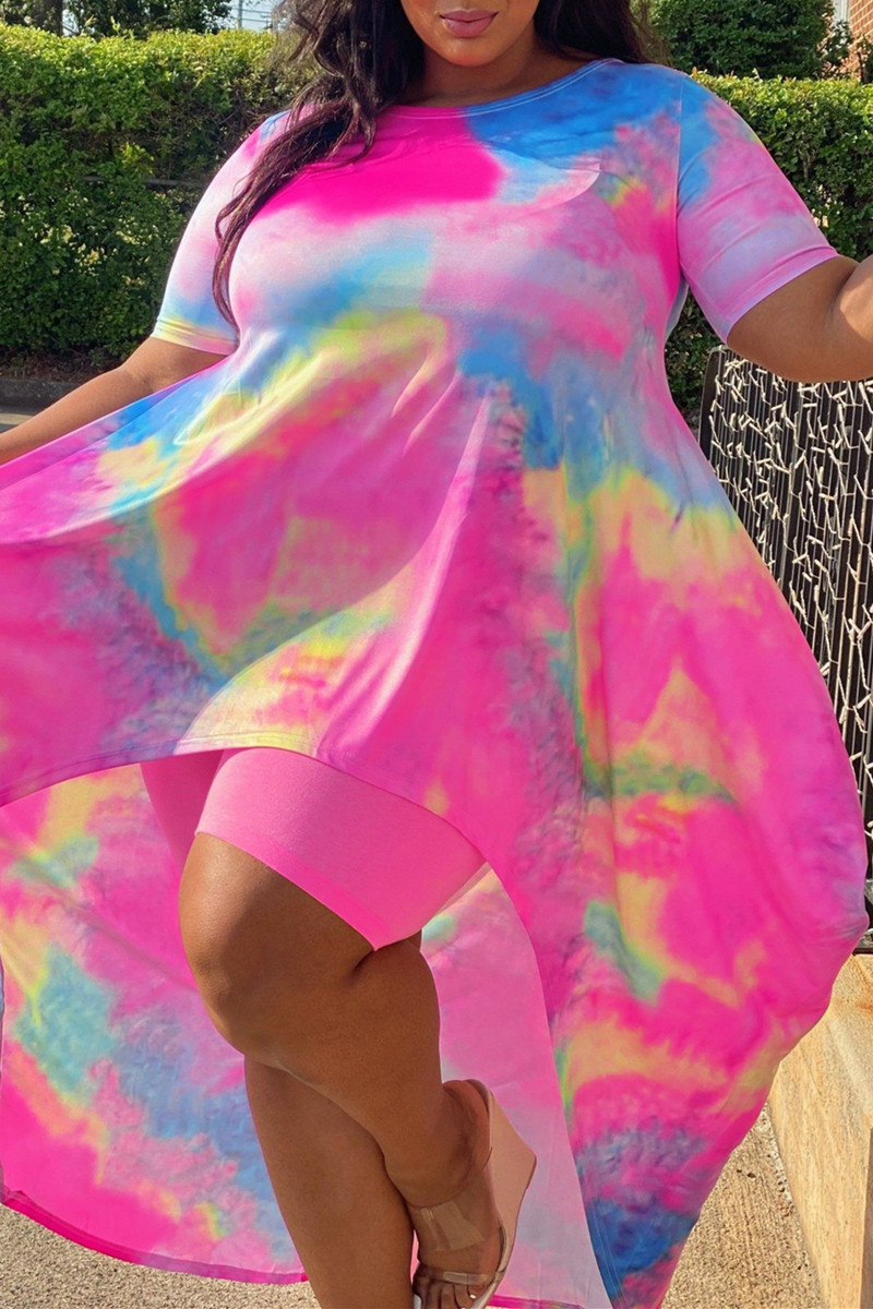 

Pink Fashion Casual Print Tie Dye Asymmetrical O Neck Plus Size Two Pieces