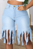 Tiefblaue, lässige, solide, dünne Jeansshorts mit mittlerer Taille und Quaste