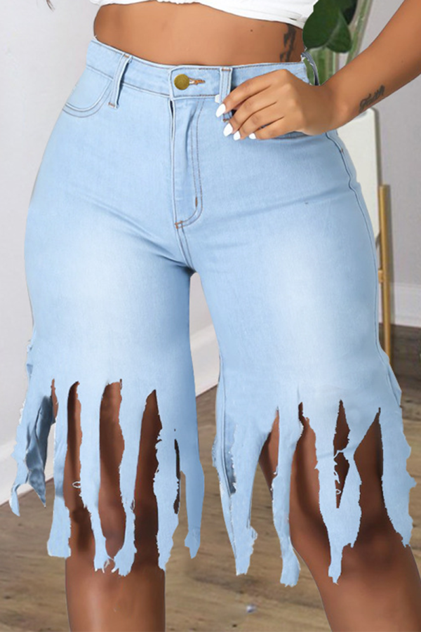 Pantalones cortos de mezclilla flacos de cintura media con borla sólida informal azul claro