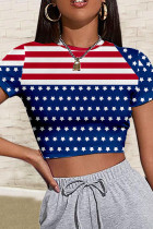 Navy Casual Flag Star Print Patchwork O Neck Short Sleeves Crop Tops T-Shirts