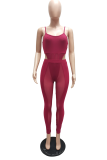 Burgundy Sexy Solid Mesh Spaghetti Strap Sleeveless Two Pieces