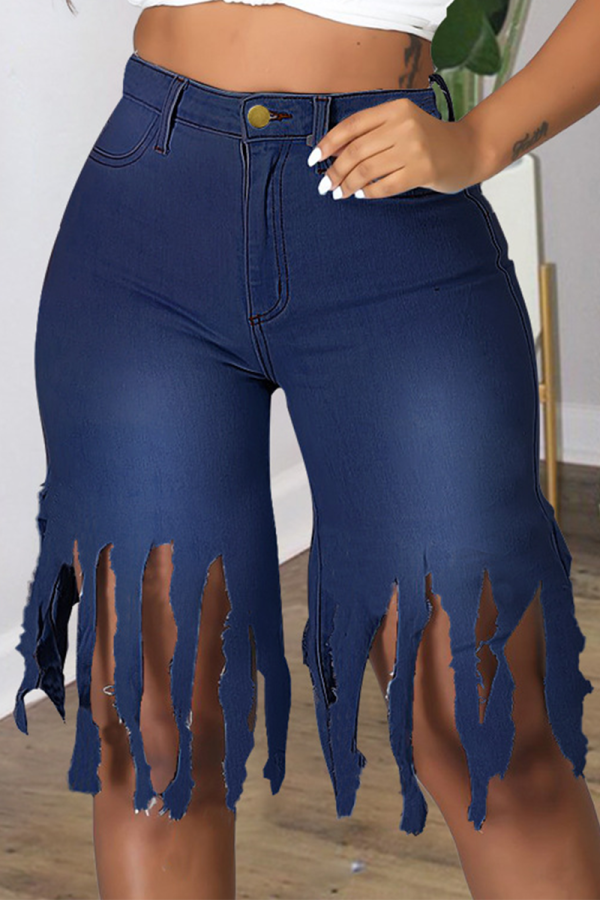 Diepblauwe casual skinny jeans met kwastjes en halfhoge taille