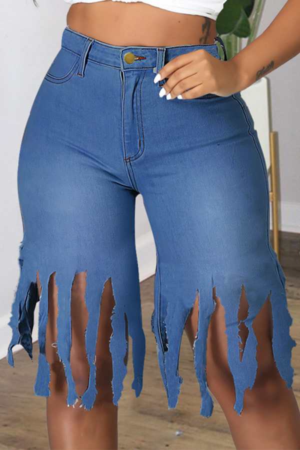 Pantalones cortos de mezclilla ajustados de cintura media con borla sólida casual azul medio