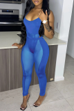 Colorido azul sexy malla sólida correa de espagueti sin mangas dos piezas