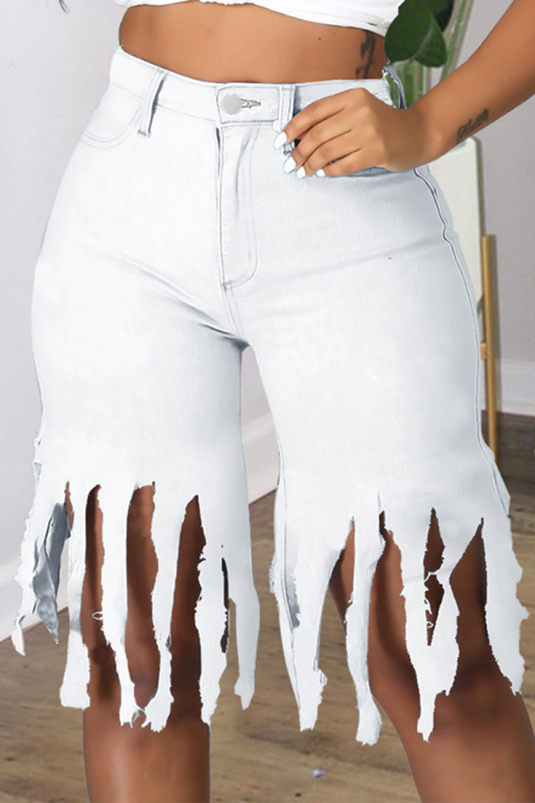 Pantalones cortos de mezclilla flacos de cintura media con borla sólida informal blanco