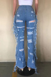 Babyblått Mode Casual Solid Tofs Rippad Hög midja Vanliga jeans jeans