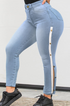 Light Blue Casual Solid Buckle Plus Size Jeans