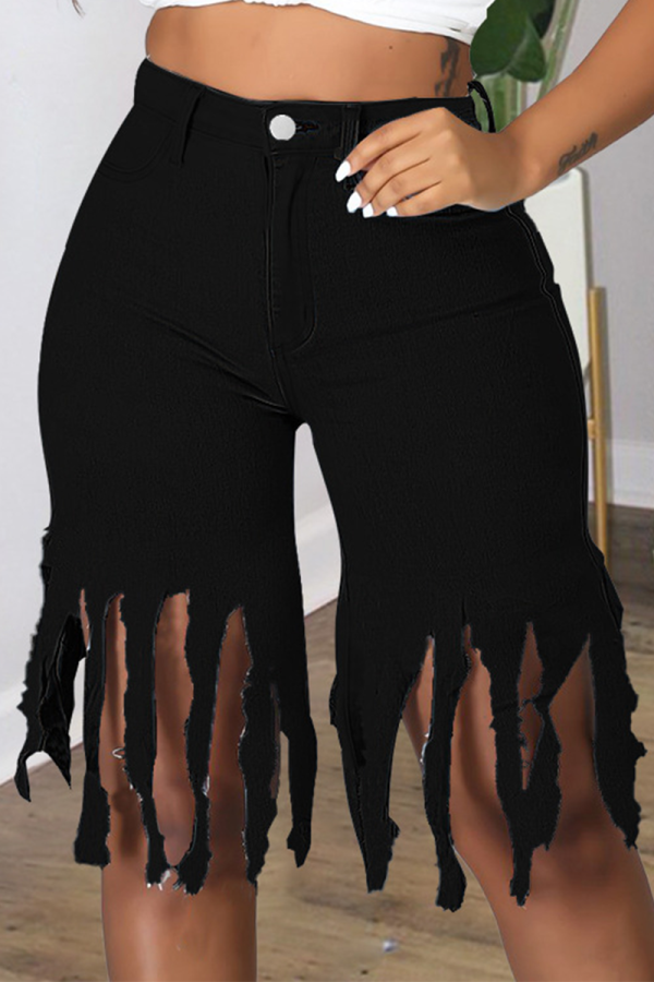 Pantalones cortos de mezclilla ajustados de cintura media con borla sólida informal negro
