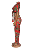 Red Sexy Print Patchwork Turndown Collar Half Sleeve Two Pieces