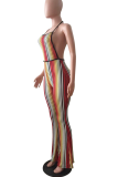 Multicolor Sexy Striped Patchwork Halter Boot Cut Jumpsuits