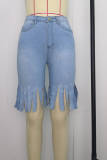 Deep Blue Casual Solid Tassel Mid Waist Skinny Denim Shorts