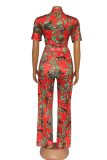 Red Sexy Print Patchwork Turndown Collar Half Sleeve Two Pieces