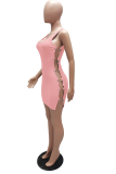 Pink Sexy Solid Hollowed Out U Neck Pencil Skirt Dresses