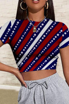 Blue Red Casual Flag Star Print Patchwork O Neck Short Sleeves Crop Tops T-Shirts