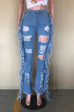 Babyblauwe mode casual effen kwastje gescheurde hoge taille regular denim jeans