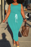 Sky Blue Casual Solid Patchwork O Neck Plus Size Jumpsuits