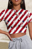 T-shirt con scollo a O patchwork con stampa casual bianche rosse