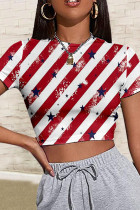Red White Casual Flag Star Print Patchwork O Neck Short Sleeves Crop Tops T-Shirts