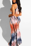 Rose Red Sexy Print Hollow Out Patchwork Halter Vestidos rectos