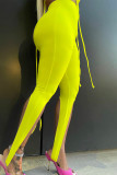 Fluorescerend geel Sexy effen patchwork asymmetrische magere hoge taille potlood effen kleur bodems