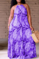 Lila Mode Sexy Plus Size Print Rückenfreies ärmelloses Kleid mit Falten und O-Ausschnitt