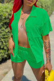 Verde Casual Sólido Patchwork Bolso Botões Camisa Gola Manga Curta Duas Peças
