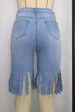 Pantalones cortos de mezclilla flacos de cintura media con borla sólida informal azul profundo