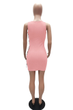 Pink Sexy Solid Hollowed Out U Neck Pencil Skirt Dresses