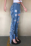 Jeans in denim normale a vita alta strappati con nappa tinta unita casual alla moda blu bambino