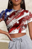 Red Blue Casual Flag Star Print Patchwork O Neck Short Sleeves Crop Tops T-Shirts