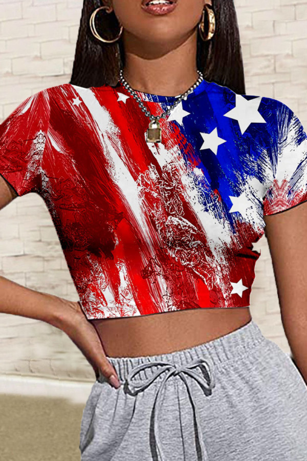 Red Blue Casual Flag Star Print Patchwork O Neck Short Sleeves Crop Tops T-Shirts