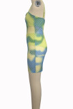 ターコイズセクシーファッションオフショルダーノースリーブワンワードカラーペンシルドレス膝丈非対称