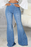 Blue Casual Solid Patchwork Mid Waist Boot Cut Denim Jeans