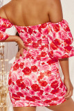 Red Elegant Print Patchwork Off the Shoulder A Line Dresses