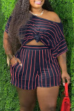 Wassermelonenrot Fashion OL One-Shoulder-Kragen Gestreifte Zweiteiler Stripe Plus Size