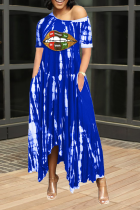 ブルー カジュアル プリント パッチワーク ワンショルダー イレギュラー ドレス ドレス