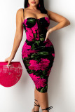 Rose Red Sexy Print Patchwork See-through Spaghetti Strap Pencil Skirt Dresses
