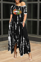 Zwarte casual print patchwork one-shoulder onregelmatige jurkjurken