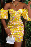 Gele elegante print patchwork off-shoulder A-lijn jurken