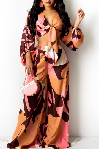 Yellow Brown Sweet Print Patchwork Knotted V Neck Long Sleeve Two Pieces