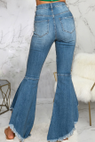 Blaue, lässige, zerrissene Boot-Cut-Denim-Jeans mit mittlerer Taille
