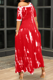 Rotes, lässiges Patchwork-Kleid mit unregelmäßiger Schulterpartie und unregelmäßigem Print