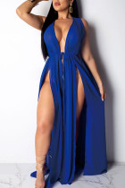 Blue Hooded Out Solid Mesh Patchwork Casual Sexy Cover-Ups & Beach Dresses（without underwear）