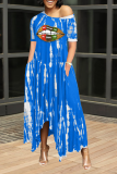 ブルー カジュアル プリント パッチワーク ワンショルダー イレギュラー ドレス ドレス