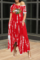 Red Casual Print Patchwork One Shoulder Irregular Dress Dresses
