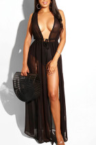Black Hooded Out Solid Mesh Patchwork Casual Sexy Cover-Ups & Beach Dresses（without underwear）