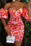 Rode elegante print patchwork off-shoulder A-lijn jurken
