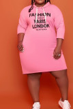 ピンク カジュアル プリント パッチワーク フード付きカラー ストレート ドレス
