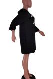 ブラック カジュアル プリント パッチワーク フード付きカラー ストレート ドレス