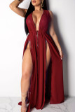 rose red Hooded Out Solid Mesh Patchwork Casual Sexy Cover-Ups & Beach Dresses（without underwear）